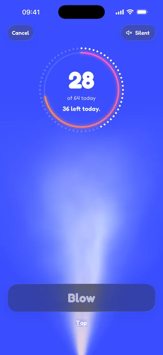 The blow screen: the ring shows 28 of 64 today as a plume of vapour rises up the blue screen.