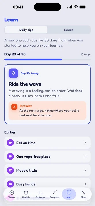 Learn: day 20 of 30, with today's tip on riding out a craving.