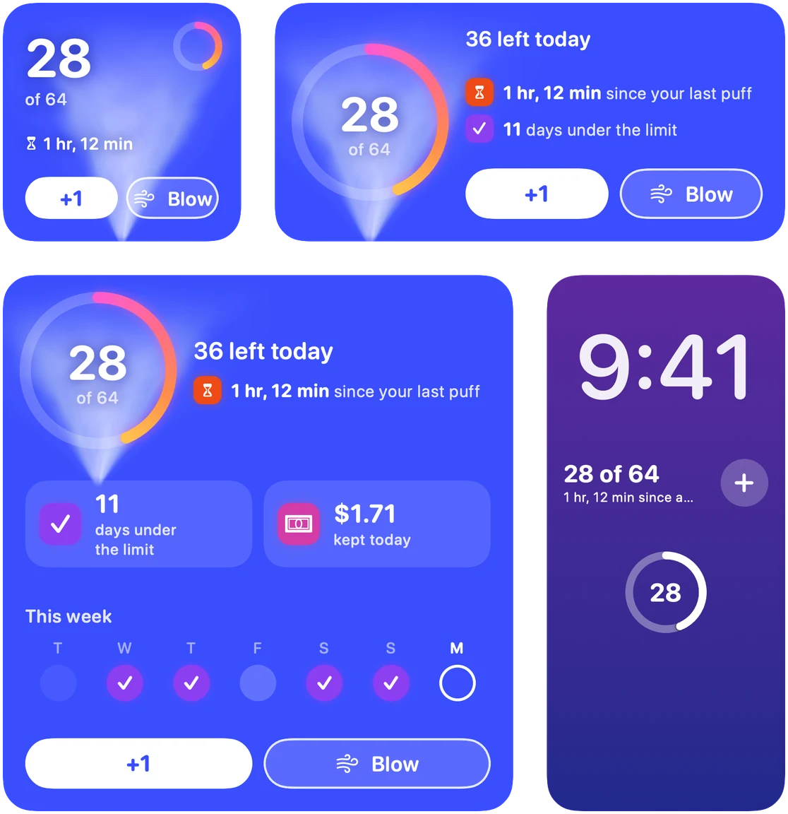 Billow's small, medium and large widgets on the app blue, each with a +1 button and a Blow button, beside the Lock Screen widgets.